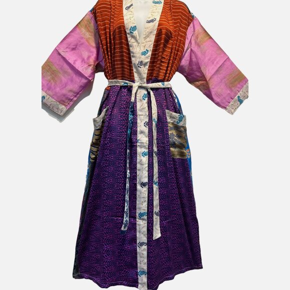 Nwt FUNKY STUFF boho patch belted vintage silk TOP DUSTER CARDIGAN 1X - Picture 1 of 4